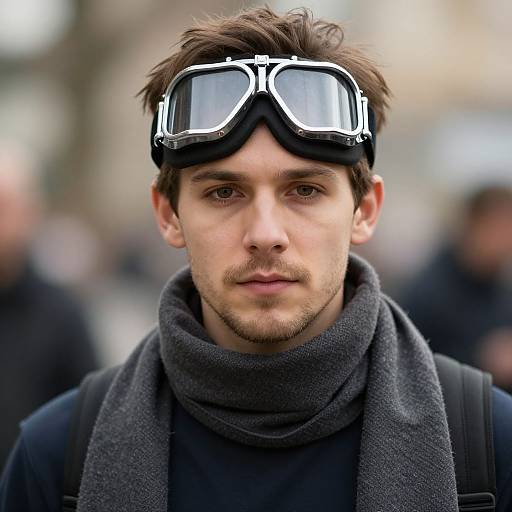 Photograph of a serious-looking young man with brown hair, wearing black goggles, a dark scarf, and a black coat, standing in a blurred urban