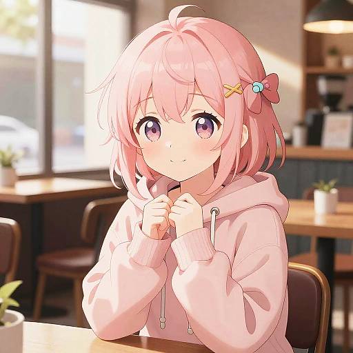 Anime-style digital drawing of a cute pink-haired girl with purple eyes, wearing a pink hoodie, sitting in a sunlit café.