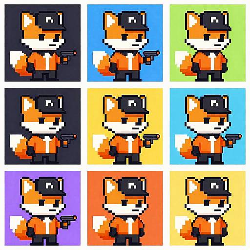 Pixel art grid of nine identical orange fox characters with black hats, white faces, and orange shirts, each on different colored backgrounds.
