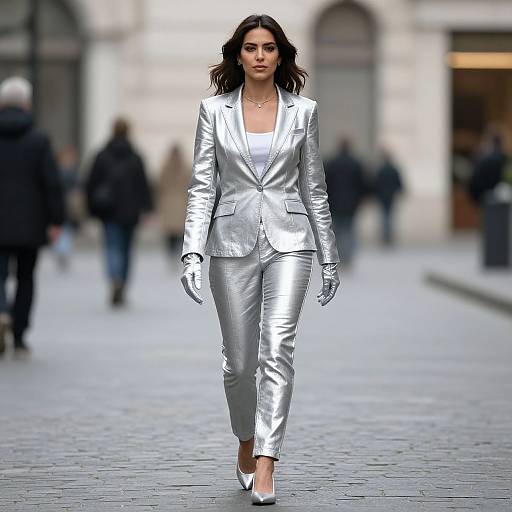 Photograph of a confident woman in a metallic silver blazer and pants, white top, and white heels, walking down a cobblestone street with