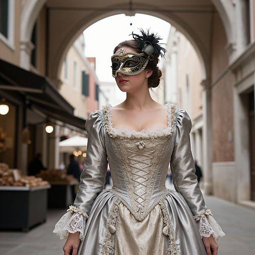 Photograph of a pale-skinned woman in an ornate silver Victorian dress with lace, black masquerade mask, and feathered headpiece,