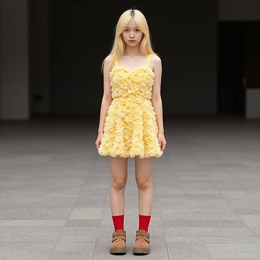 Photograph of a young blonde girl with long hair, wearing a fluffy yellow dress, red socks, and brown boots, standing on a gray tiled floor