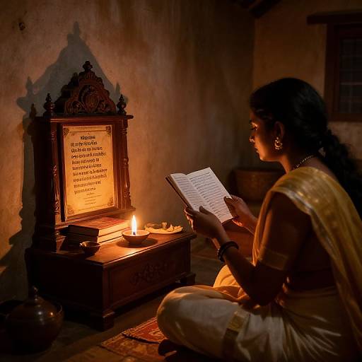Photograph of a woman in a yellow sari, reading from an open book in dim, warm light beside a lit, ornate altar with scripture