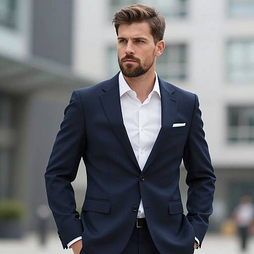 Photograph of a handsome, bearded man with light skin and brown hair, wearing a navy suit, white shirt, and white pocket square, standing