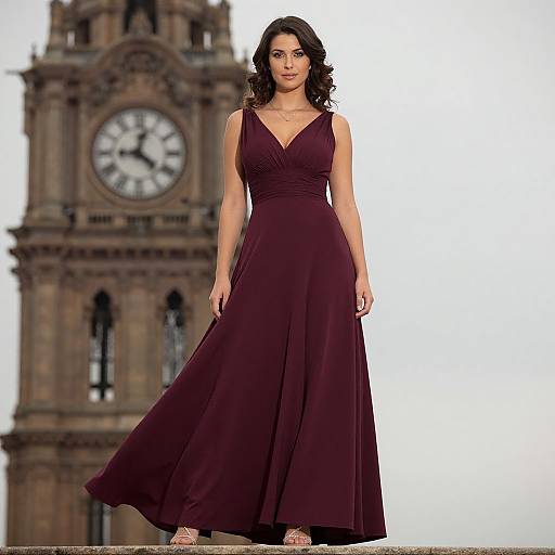 Photograph of a dark-haired woman in a deep burgundy, sleeveless V-neck gown, standing in front of a tall, ornate clock tower