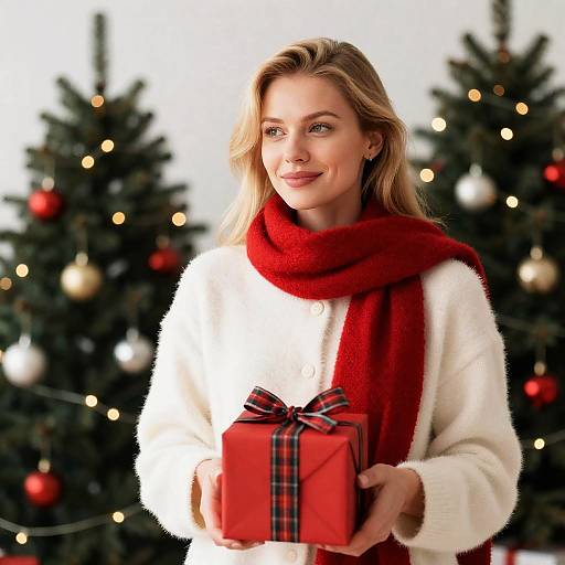 Festive Blonde Woman with Christmas Gifts