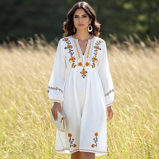 Photograph of a woman with dark wavy hair, wearing a white embroidered dress, large hoop earrings, and a white clutch, standing in a sunny