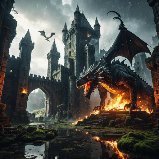 Fire-Breathing Wyvern at Burning Medieval Castle