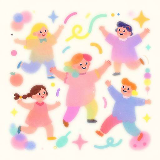 Digital illustration of five cheerful, colorful cartoon children with bright outfits and smiling faces, jumping and playing with colorful stars and swirls against a white background.