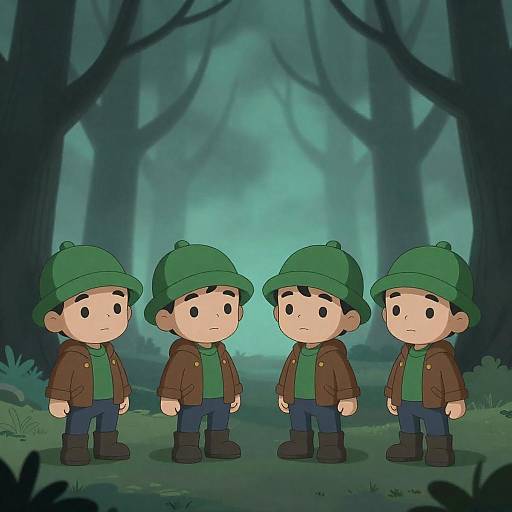 Four Cartoon Boys in Green Hats in Mystical Forest