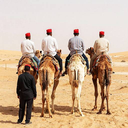 Men Riding Camels in Sunlit Desert