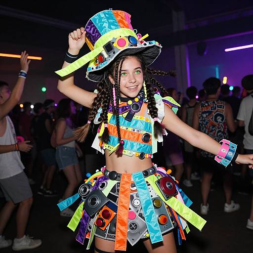 Photograph of a smiling young woman with braided hair, wearing a colorful, neon-striped top hat and skirt, dancing in a dimly-lit