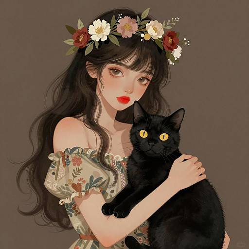 Digital Portrait of Girl with Black Cat