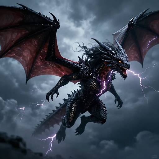 Digital artwork of a fierce, black dragon with glowing red eyes, sharp claws, and large, bat-like wings. It's surrounded by lightning and dark