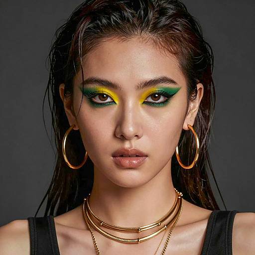 Woman with Bold Green and Yellow Eye Makeup