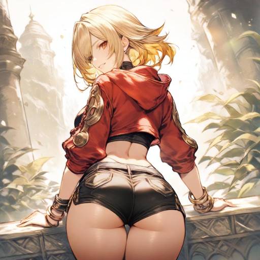 Blonde Girl in Stylish Shorts and Hoodie