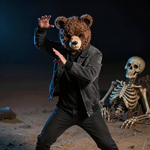 Man in Bear Mask with Skeleton in Desert at Night