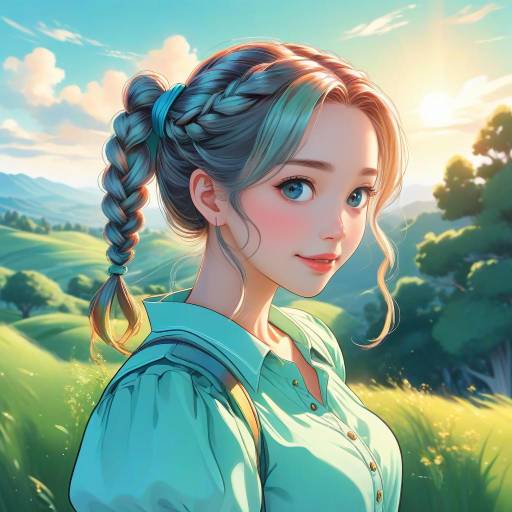 Radiant Anime Woman on a Hilltop