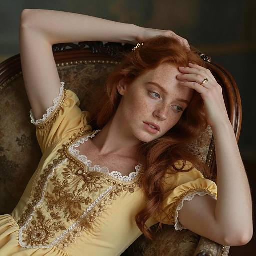 Red-haired woman in embroidered yellow dress reclining