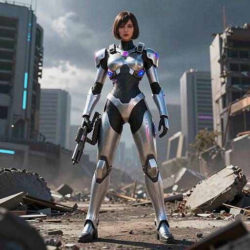 CGI image of a fierce, armored, silver-and-black female cyborg with a gun, standing in a post-apocalyptic, ruined cityscape.