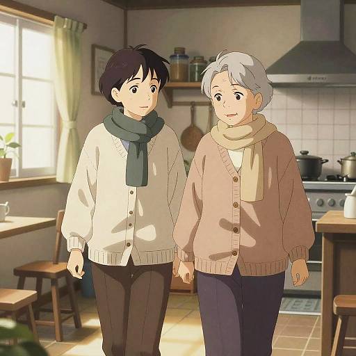 Digital anime-style drawing of a young boy and elderly woman holding hands in a sunlit, rustic kitchen, both wearing cardigans and scarves.