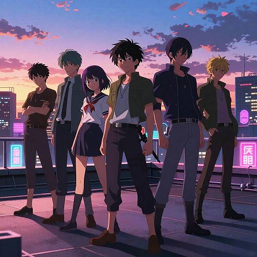 Digital anime artwork of five stylish, young adults standing on a rooftop at sunset, with neon city lights in the background.