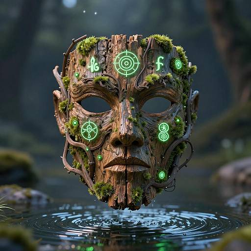 Enchanted Wooden Mask Over Shimmering Lake