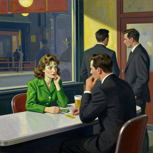 1950s-style digital painting: A green-jacketed woman with curled hair sits at a diner table, talking to a suited man, while two