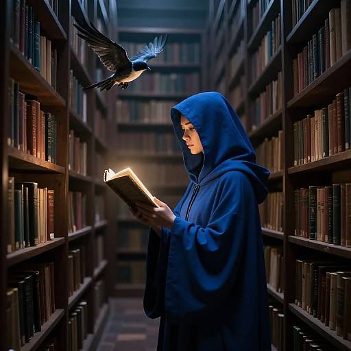 Photograph of a person in a blue hooded robe, reading a glowing book in a dim, narrow library aisle with bookshelves on both sides