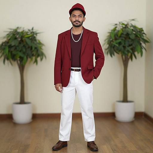 Photograph of a bearded man with medium brown skin wearing a red blazer, black shirt, white pants, brown shoes, and a red cap
