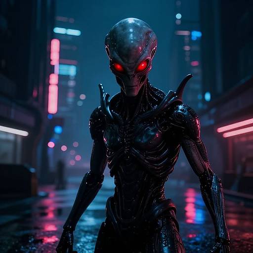Glowing-red-eyed, black, sci-fi alien with sleek, metallic armor stands menacingly in a neon-lit, rain-soaked, cyber