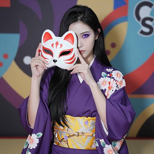 Elegant Asian Woman in Kimono with Mask