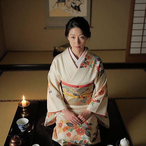Photograph of a Japanese woman in a floral-patterned kimono, seated on a tatami mat, with lit candles and traditional decor in the background