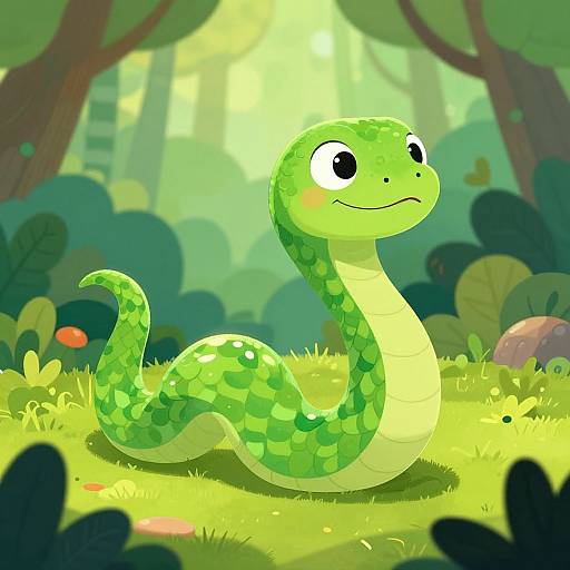 Cartoon-style green snake with large, expressive eyes and a cheerful smile in a bright, sunlit forest with lush foliage.