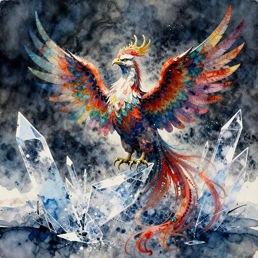 Vibrant phoenix with multicolored wings and tail, standing on icy crystals against a dark, smoky background. Digital watercolor style.