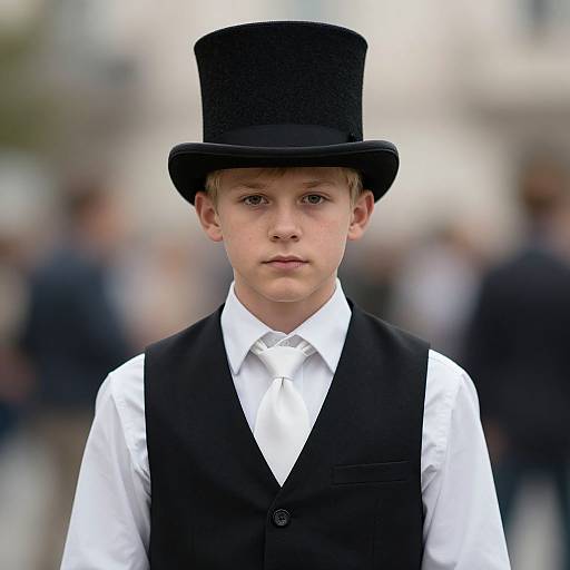 Photograph of a young boy with fair skin and brown eyes, wearing a black top hat, white shirt, and black vest, standing in a blurred