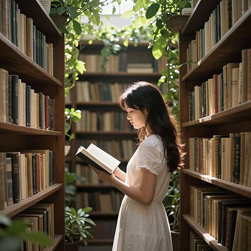 Photograph of a young woman with long brown hair, wearing a white dress, reading a book in a sunlit library aisle surrounded by wooden booksh