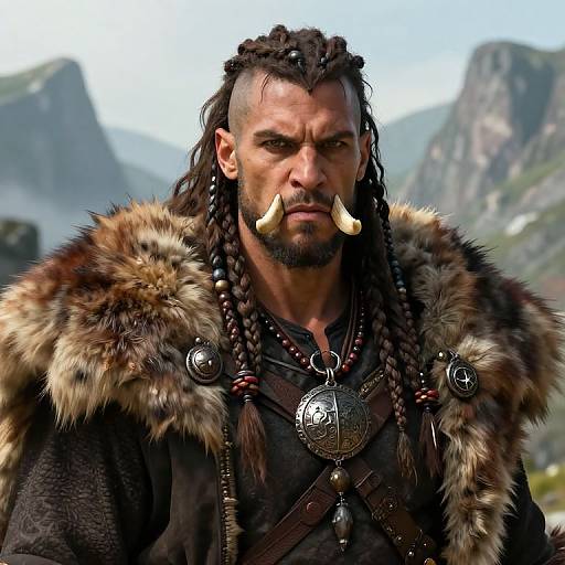Photorealistic CGI of a muscular, tribal warrior with braided hair, tusks, fur-lined coat, and ornate jewelry, set against a