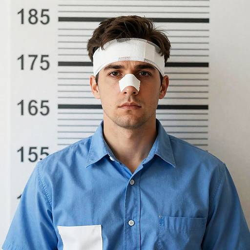 Injured Man with Bandages in Front of Height Chart