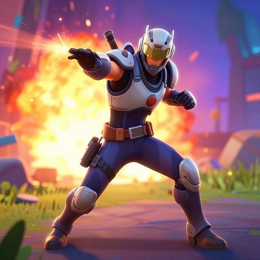 CGI image of a futuristic armored warrior with white helmet and visor, firing energy blast from right hand, explosive background, vibrant colors. Dynamic action