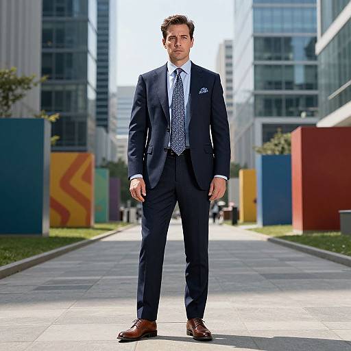 Photograph of a young, handsome man in a navy suit, white shirt, blue patterned tie, standing confidently on a city sidewalk with colorful building