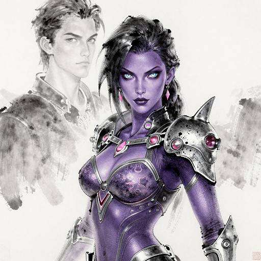 Digital illustration of a fierce, purple-skinned female warrior with glowing eyes, black hair, and silver armor adorned with pink gems, standing in front of