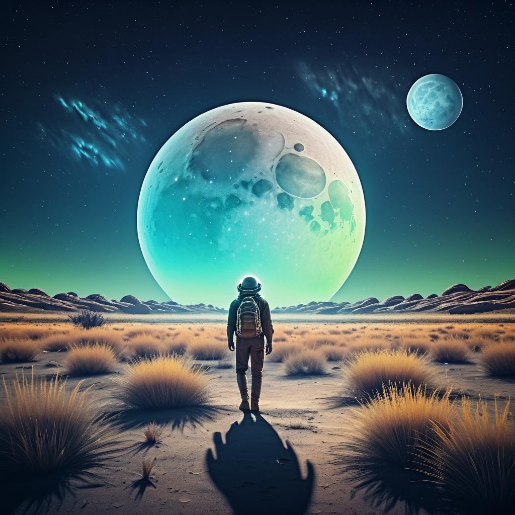 Wanderer on an Alien Planet at Night