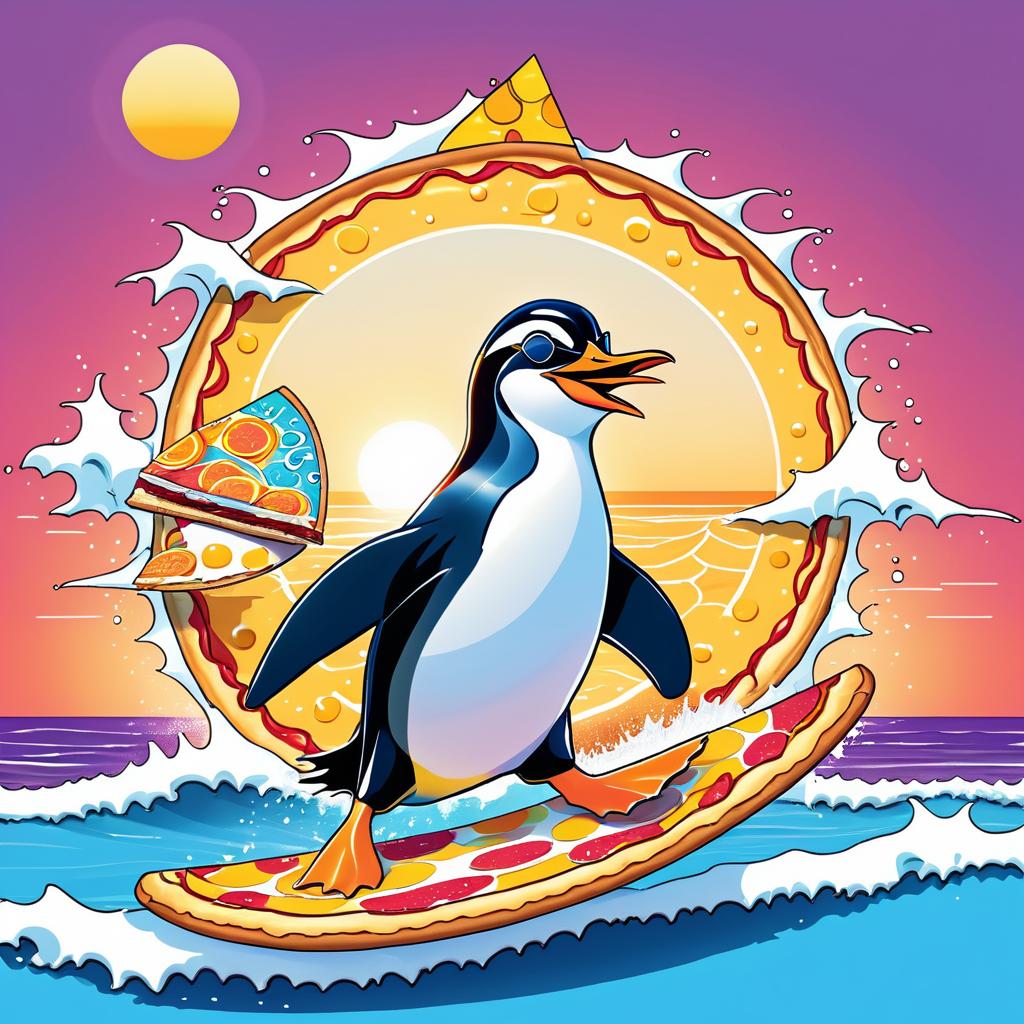 Whimsical Penguin Surfing on Pizza