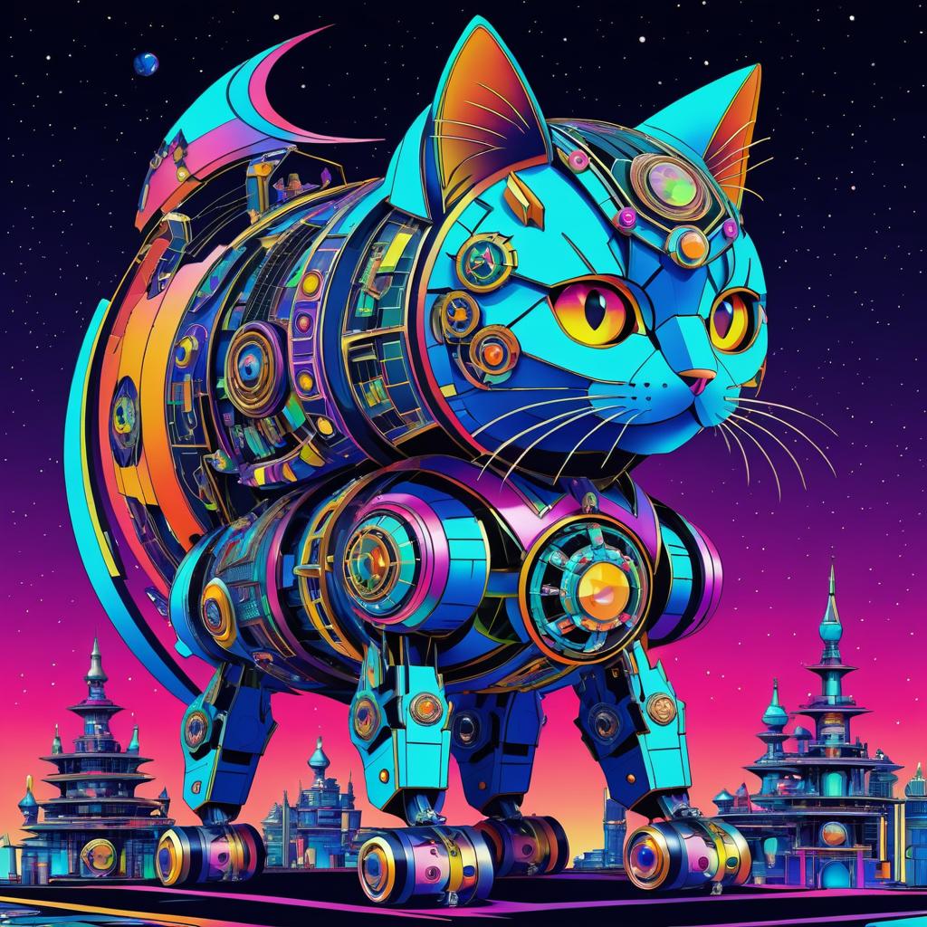 Futuristic Castle Droid Cat Illustration