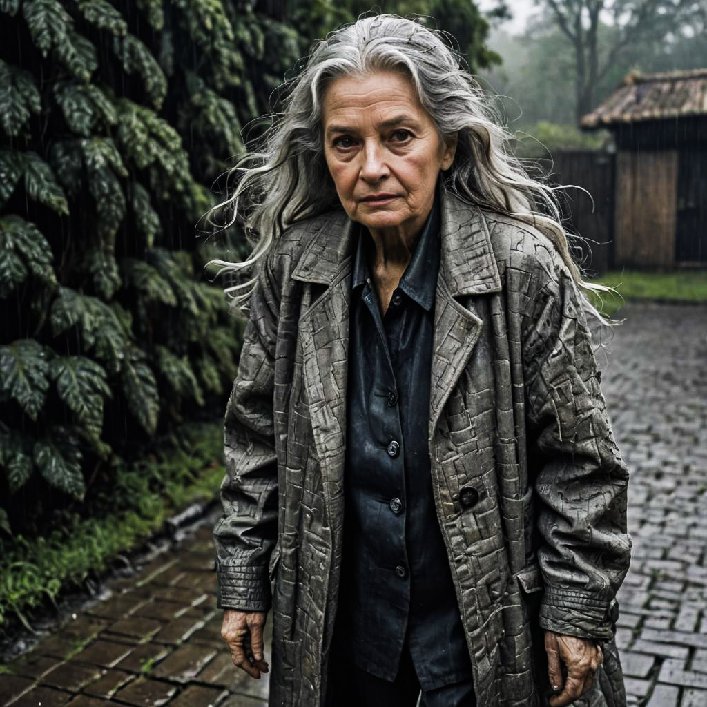 Frustrated Elderly Woman in Rainy Outfit