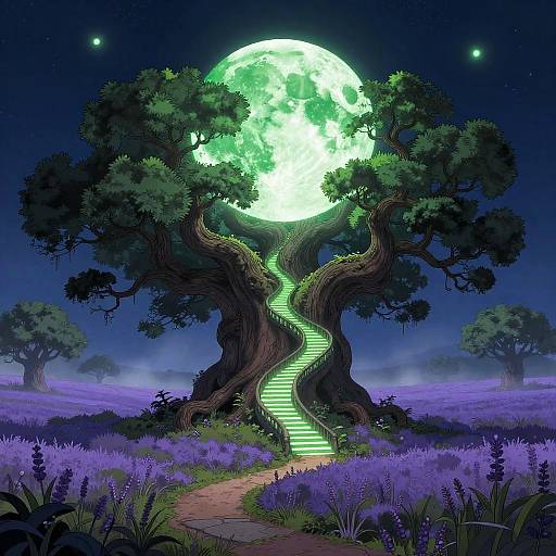 Whimsical Ancient Oak Moonlit Staircase