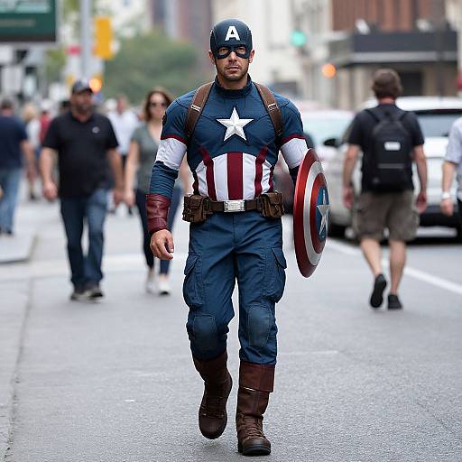 Photograph of a bearded man in a Captain America costume walking on a city street, holding a shield, with blurred pedestrians and buildings in the background