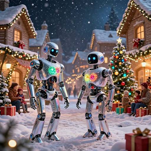 Photorealistic CGI: Two glowing, festive, white robots with colorful lights stand in a snowy, illuminated Christmas village street, surrounded by warmly lit houses