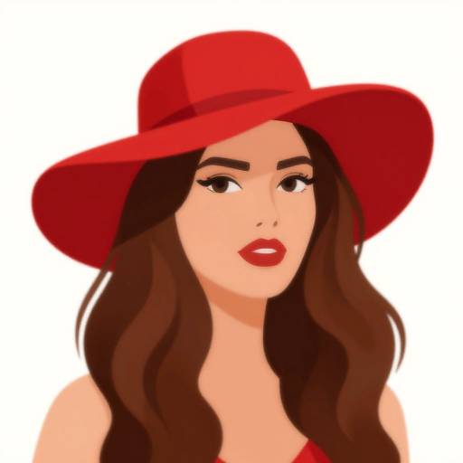 Digital illustration of a woman with long brown hair, red lipstick, and a large red hat, set against a plain white background.